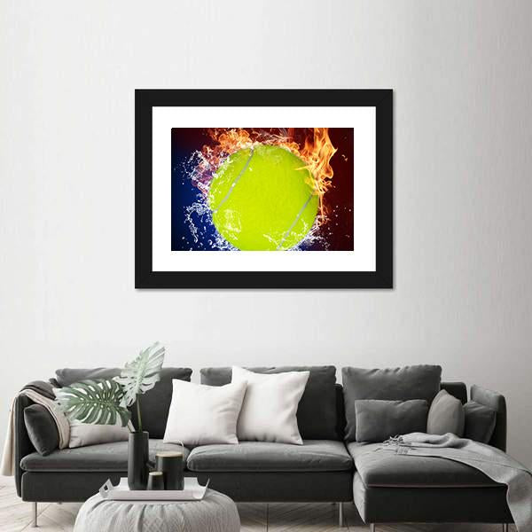 Tennis Ball In Fire Flames And Splashing Water Canvas Wall Art-1 Piece-Framed Print-20&quot; x 16&quot;-Tiaracle