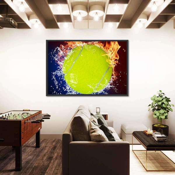 Tennis Ball In Fire Flames And Splashing Water Canvas Wall Art-5 Horizontal-Gallery Wrap-22" x 12"-Tiaracle