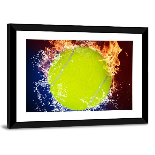 Tennis Ball In Fire Flames And Splashing Water Canvas Wall Art-3 Horizontal-Gallery Wrap-25&quot; x 16&quot;-Tiaracle