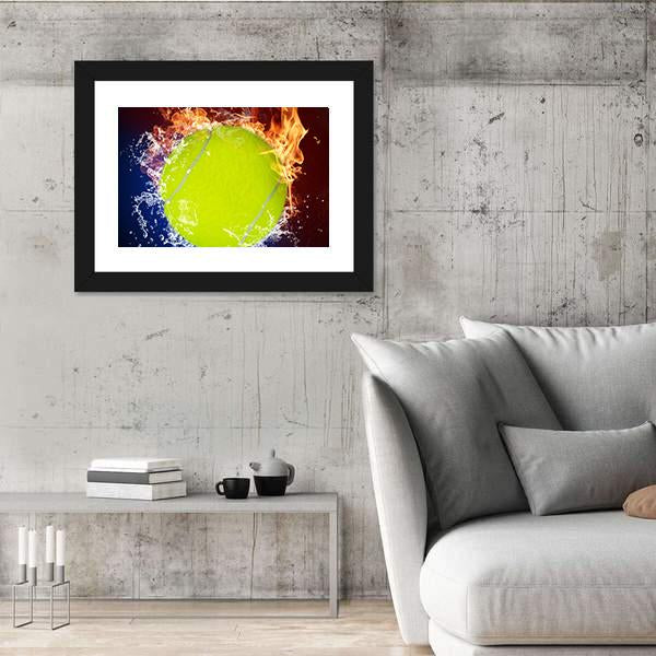Tennis Ball In Fire Flames And Splashing Water Canvas Wall Art-5 Horizontal-Gallery Wrap-22" x 12"-Tiaracle