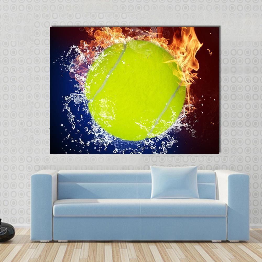 Tennis Ball in Fire Flames and Splashing Water Canvas Wall Art in orange, yellow and blue, single panel hung on a wall