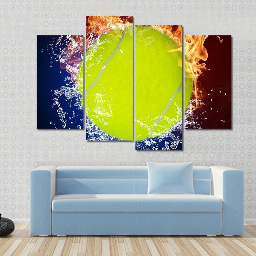 Tennis Ball In Fire Flames And Splashing Water Canvas Wall Art-4 Pop-Gallery Wrap-50&quot; x 32&quot;-Tiaracle
