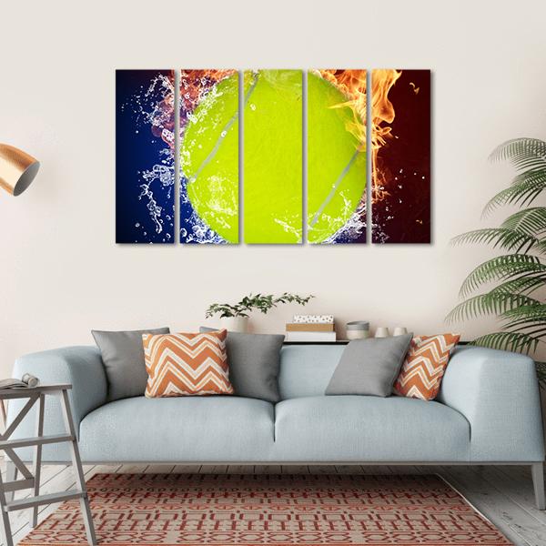 Tennis Ball In Fire Flames And Splashing Water Canvas Wall Art-5 Horizontal-Gallery Wrap-22" x 12"-Tiaracle