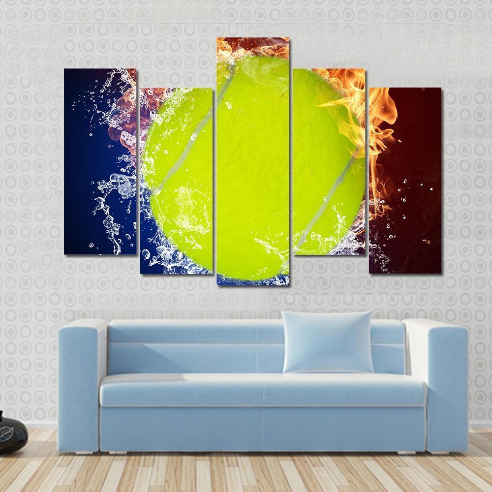 Tennis Ball In Fire Flames And Splashing Water Canvas Wall Art-5 Pop-Gallery Wrap-47&quot; x 32&quot;-Tiaracle