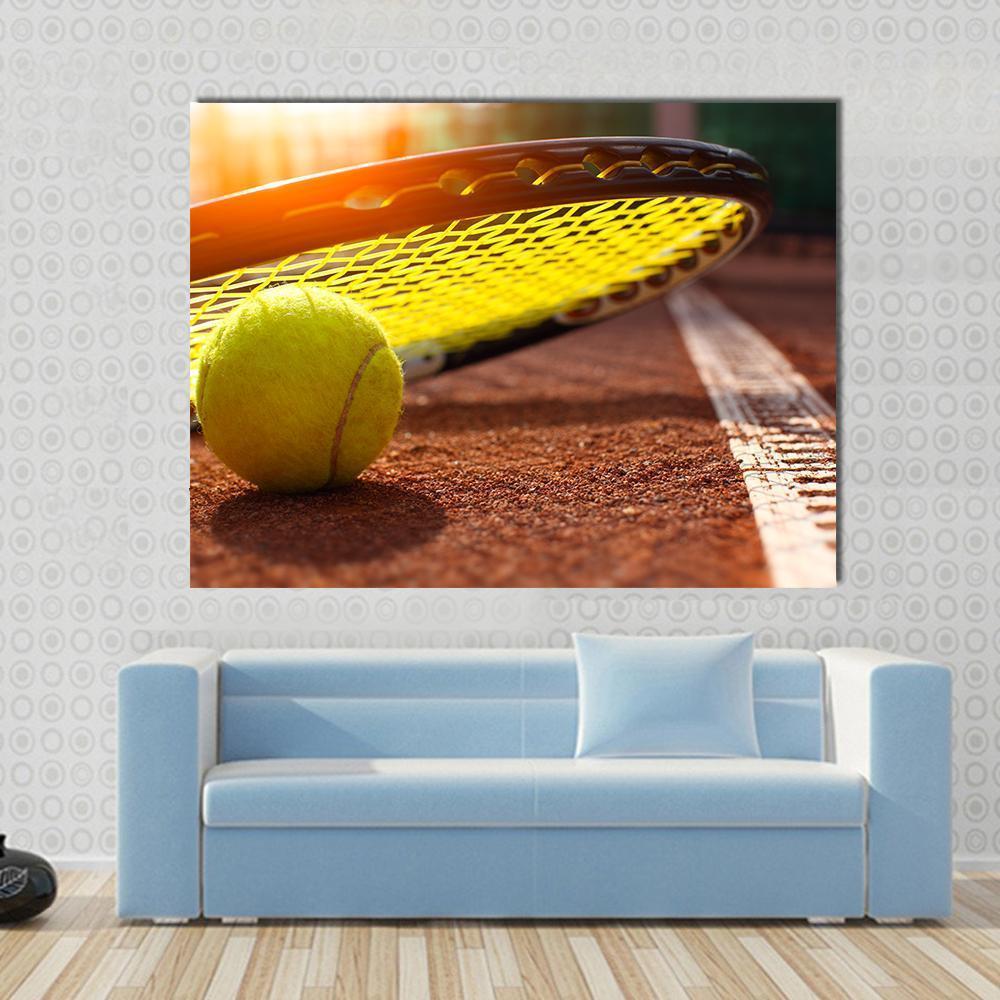 Tennis Ball on a Court Canvas Wall Art in brown, orange and yellow, single panel hung on a wall
