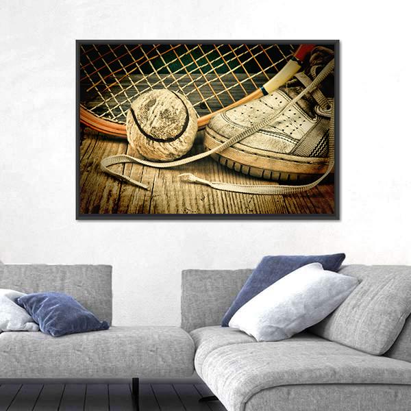 Tennis Ball &amp; Racket With Sneakers Canvas Wall Art-1 Piece-Floating Frame-24&quot; x 16&quot;-Tiaracle