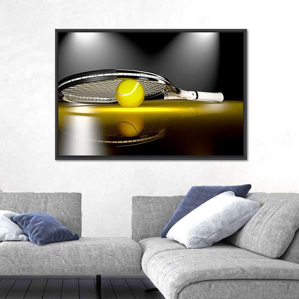 Tennis Ball Under Racket Canvas Wall Art in black and yellow, framed canvas, product view on a white background