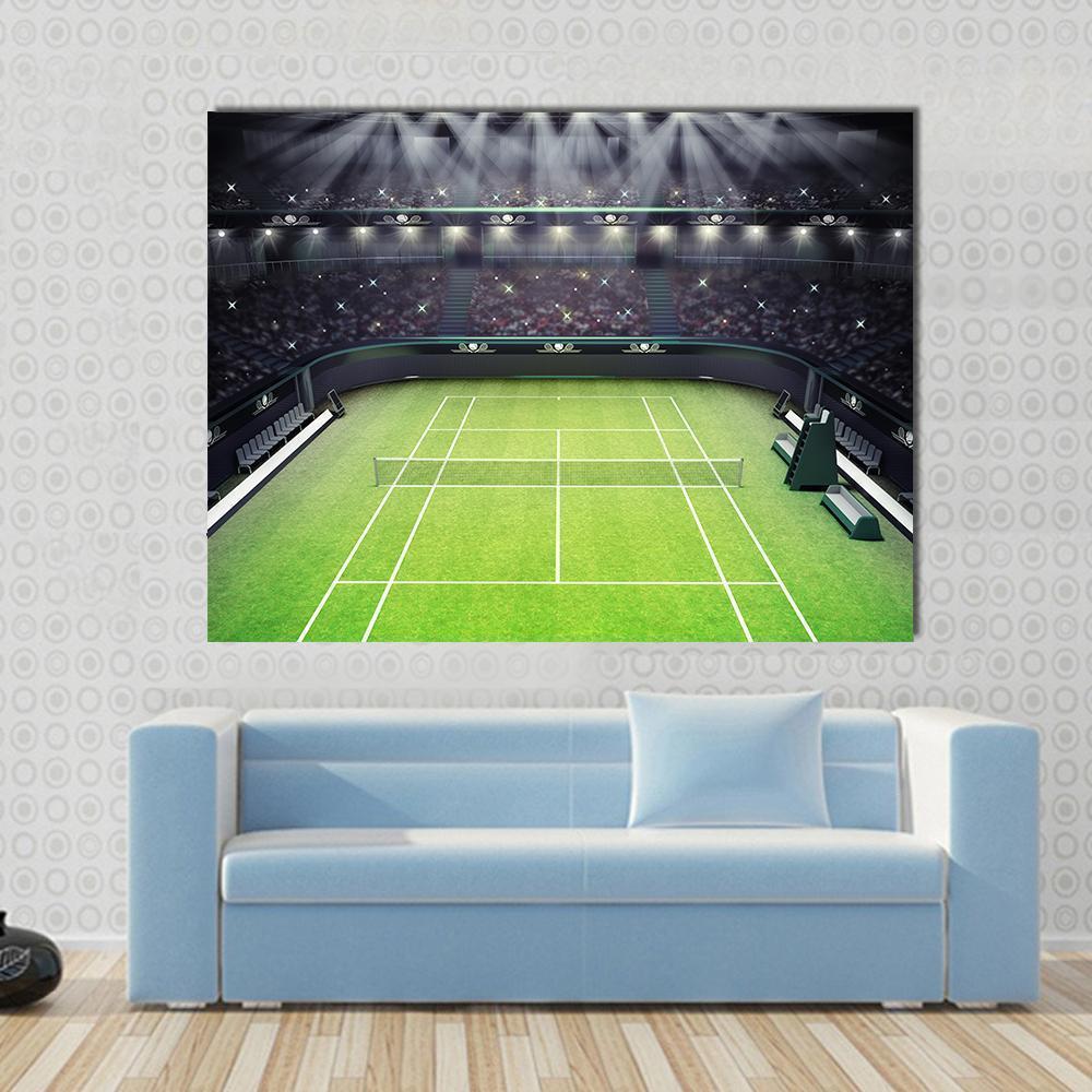 Tennis Stadium Canvas Wall Art in black, white and green, single panel hung on a wall