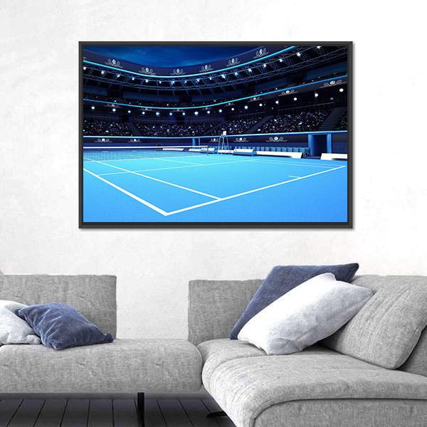 Tennis Court Canvas Wall Art in black, white and blue, framed canvas, product view on a white background