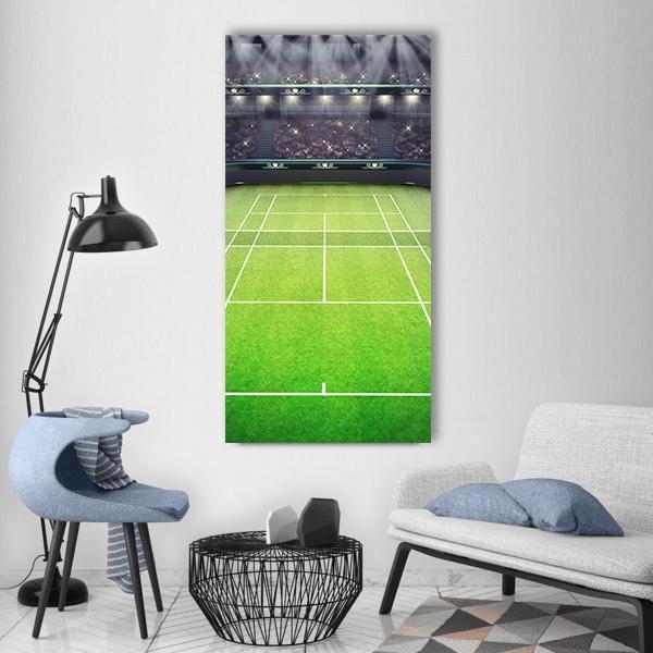 Night Tennis Stadium Perspective Vertical Canvas Wall Art in black, white and green, hung on a wall