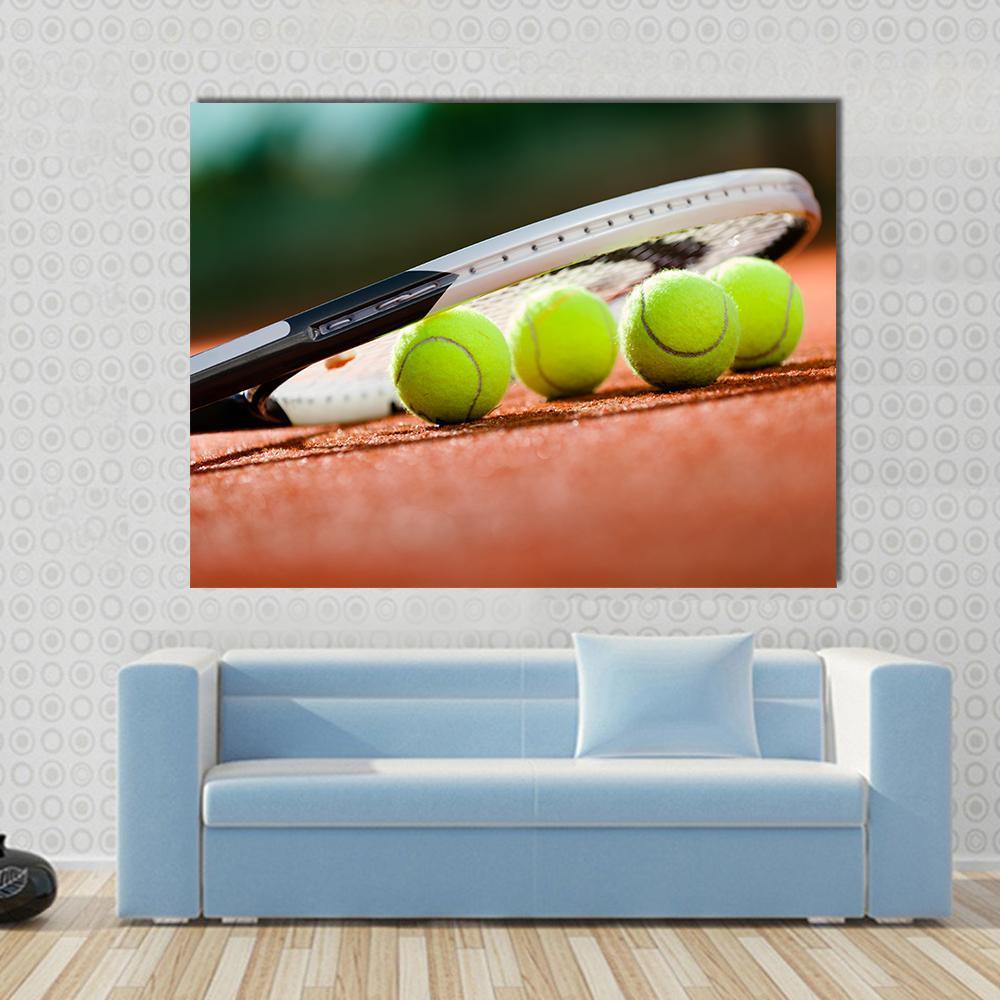 Tennis Racket &amp; Balls Canvas Wall Art-1 Piece-Gallery Wrap-48" x 32"-Tiaracle