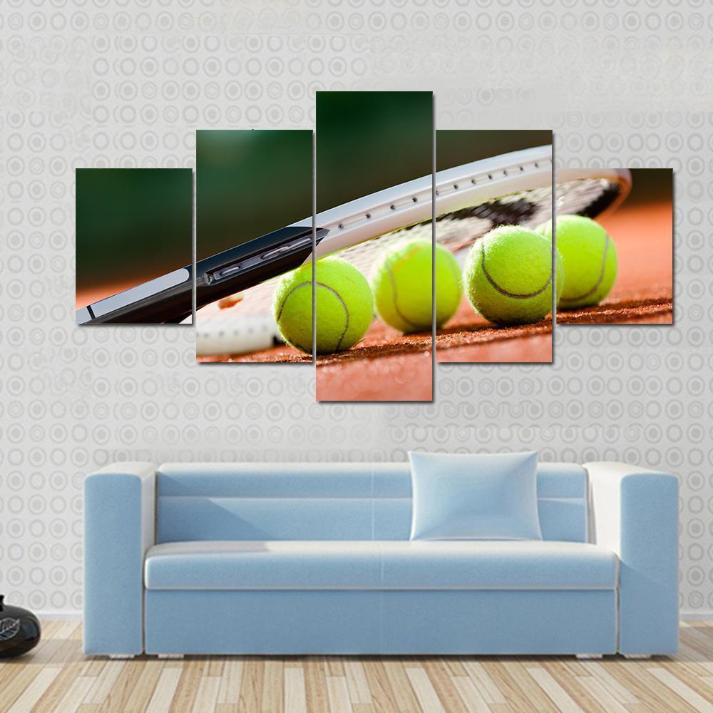 Tennis Racket &amp; Balls Canvas Wall Art-5 Star-Gallery Wrap-62" x 32"-Tiaracle