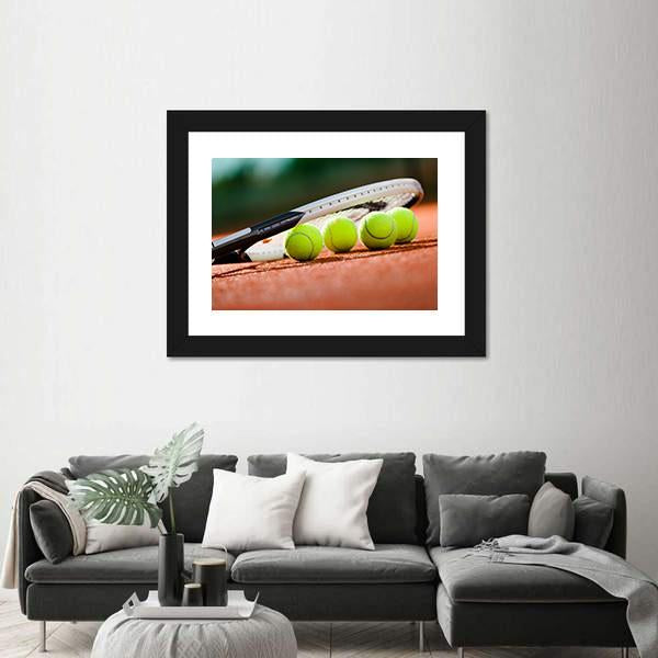 Tennis Racket &amp; Balls Canvas Wall Art-1 Piece-Framed Print-20&quot; x 16&quot;-Tiaracle