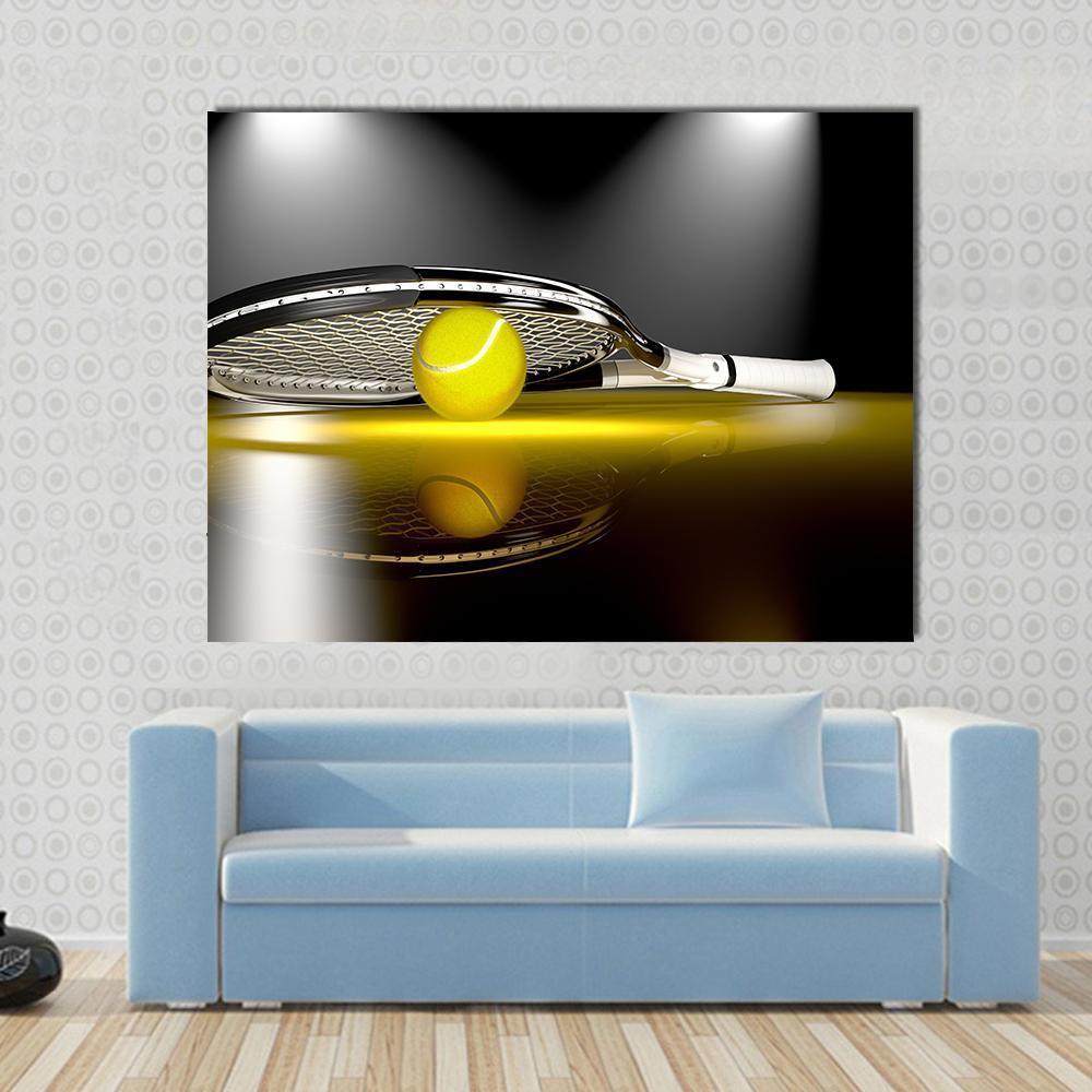 Tennis Ball Under Racket Canvas Wall Art in black and yellow, single panel hung on a wall
