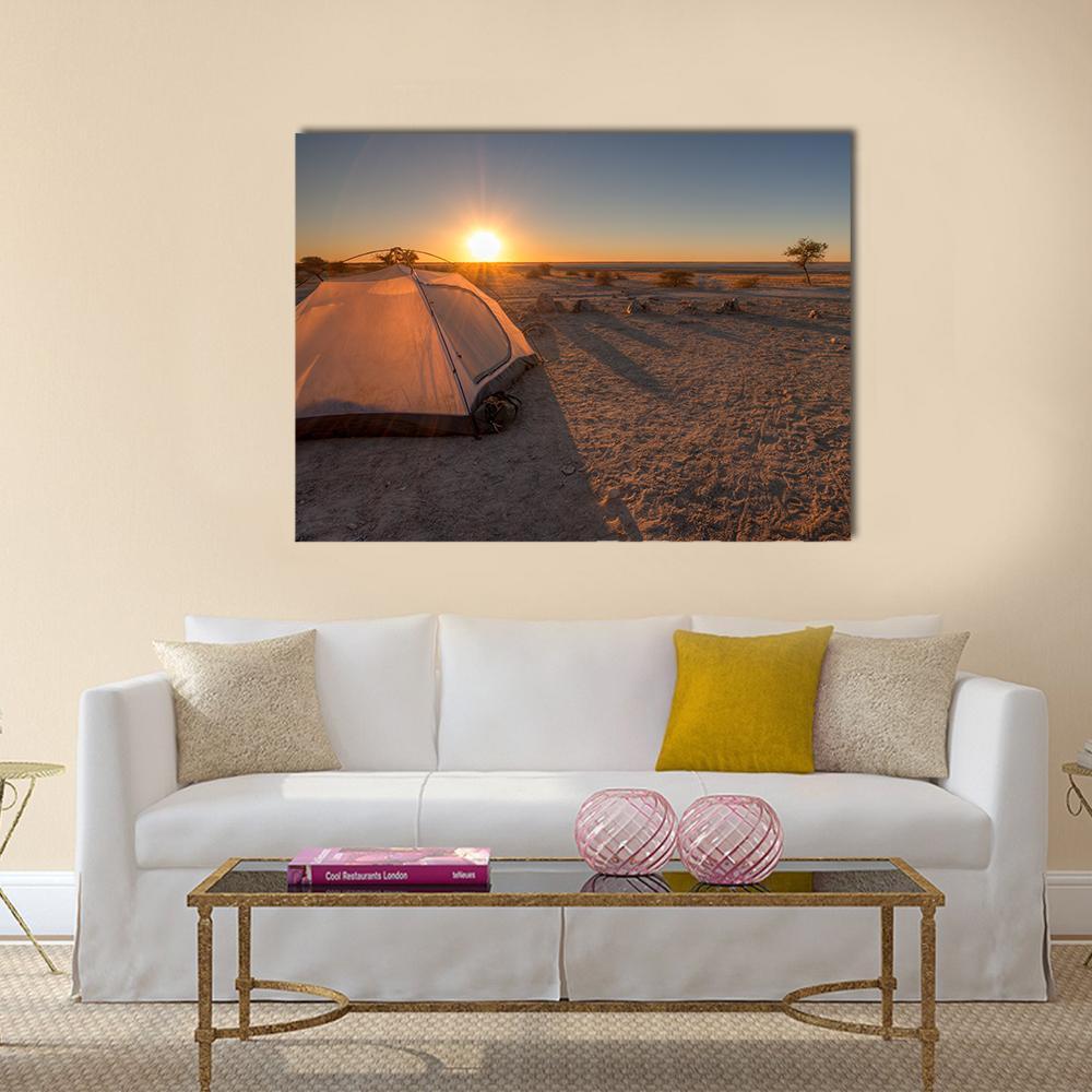 Desert Tent at Sunset Canvas Wall Art in beige, orange and blue, single panel hung on a wall