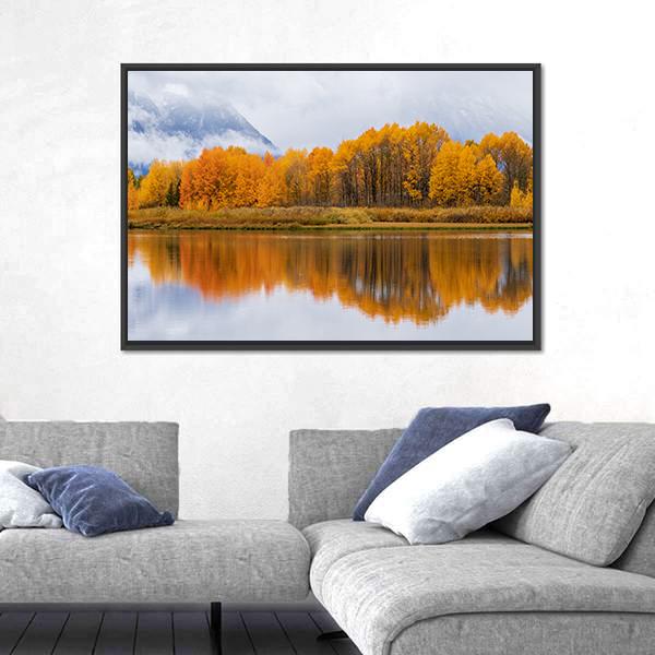 Teton Autumn Landscape Reflection Canvas Wall Art-1 Piece-Floating Frame-24" x 16"-Tiaracle