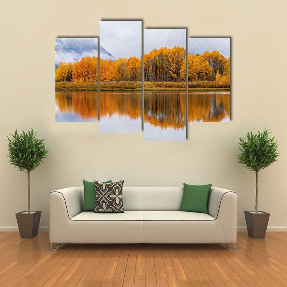 Teton Autumn Landscape Reflection Canvas Wall Art-4 Pop-Gallery Wrap-50" x 32"-Tiaracle