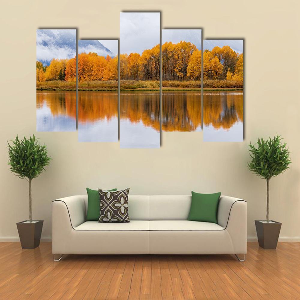 Teton Autumn Landscape Reflection Canvas Wall Art-5 Pop-Gallery Wrap-47" x 32"-Tiaracle