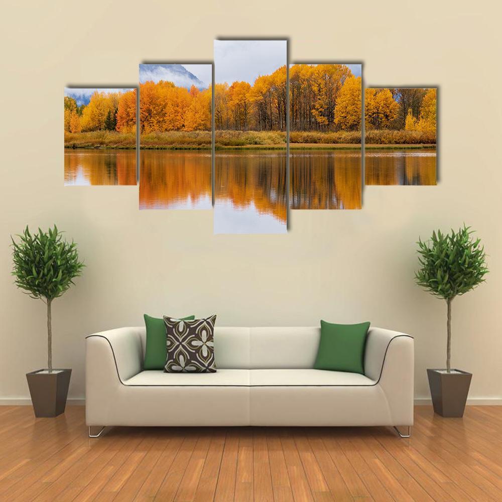 Teton Autumn Landscape Reflection Canvas Wall Art-5 Star-Gallery Wrap-62" x 32"-Tiaracle