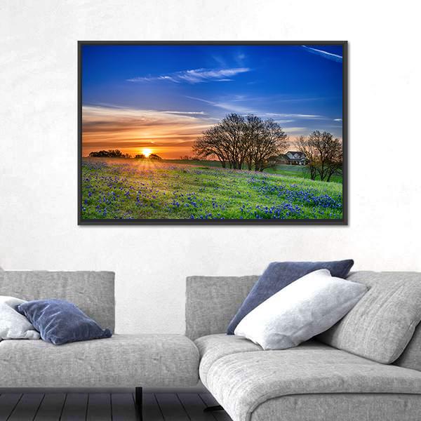 Texas Bluebonnet Field at Sunset Canvas Wall Art in orange, green and blue, framed canvas, product view on a white background