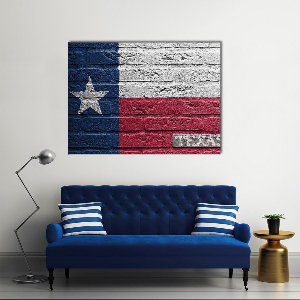 Texas Flag on Brick Canvas Wall Art in white, red and blue, single panel hung on a wall