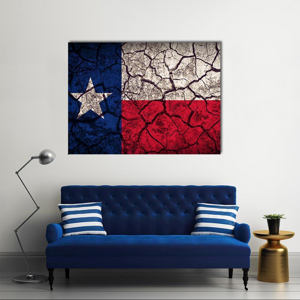 Weathered Texas Flag with Cracked Texture Canvas Wall Art in white, red and blue, single panel hung on a wall