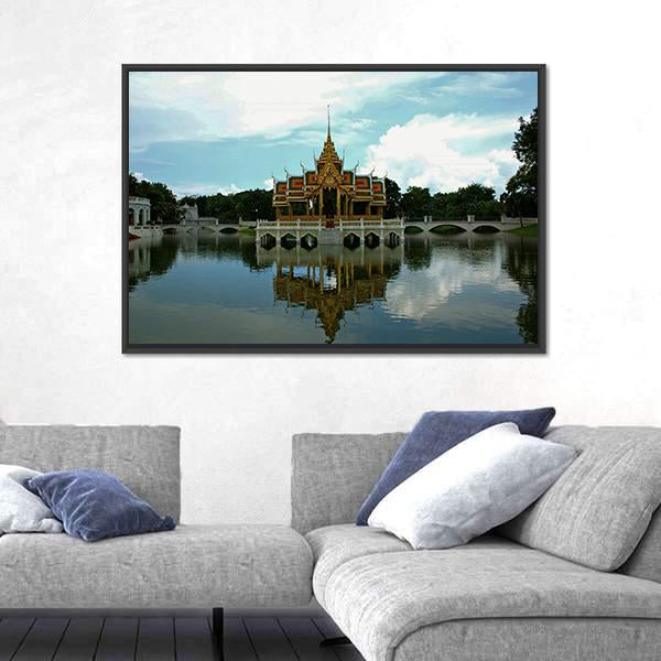 Thai Pavilion In Waters Canvas Wall Art-1 Piece-Floating Frame-24" x 16"-Tiaracle