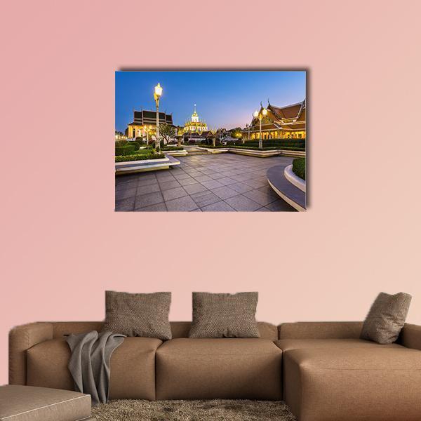 Thai Pavilion Temple at Dusk Canvas Wall Art in gray, gold and blue, single panel hung on a wall