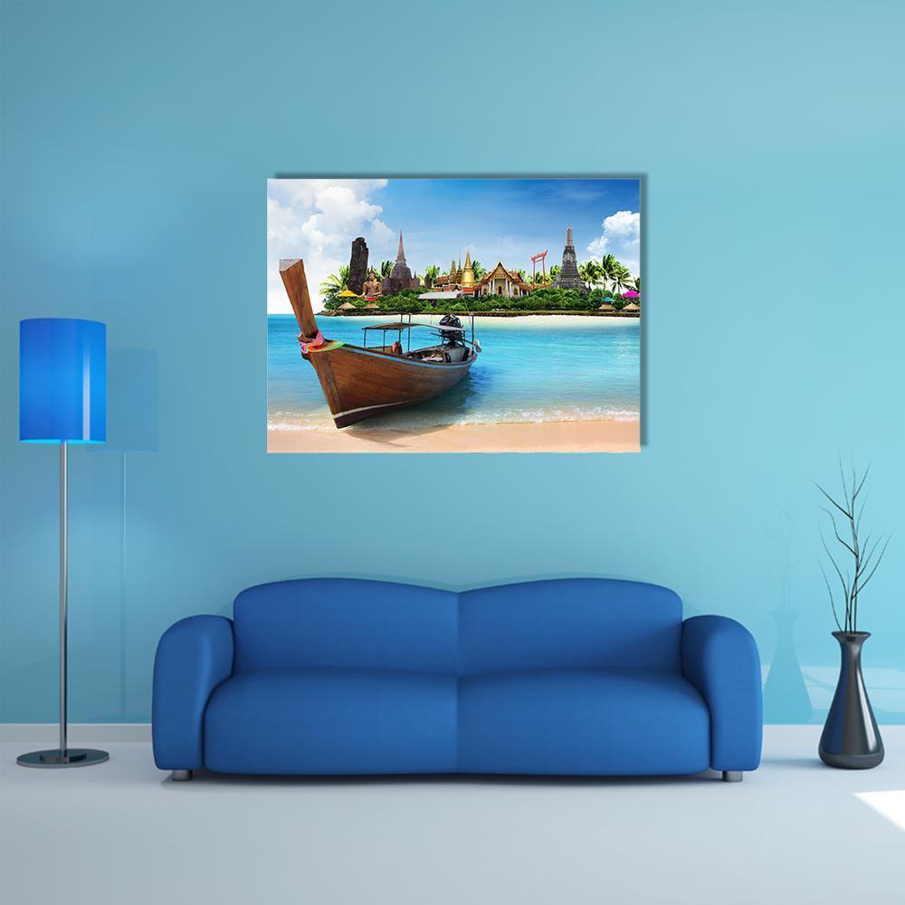 Thailand Island with Longtail Boat Canvas Wall Art in beige, green and blue, single panel hung on a wall