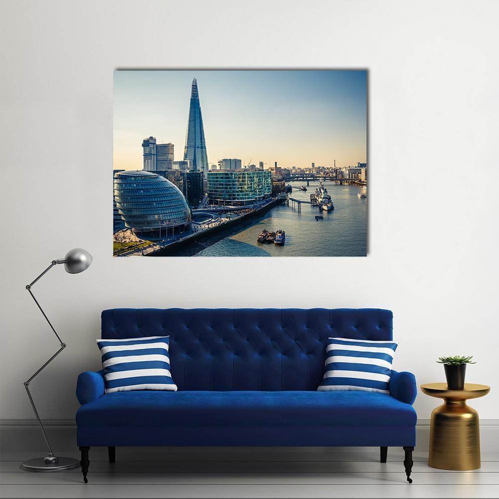 Thames and London City Skyline Canvas Wall Art in gray, beige and blue, single panel hung on a wall
