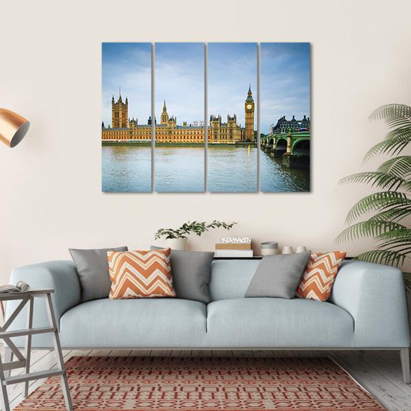 Thames River and Westminster Bridge Canvas Wall Art in brown, gold and blue, hung on a wall