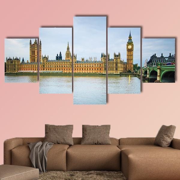 Thames River &amp; Westminster Bridge Canvas Wall Art-5 Star-Gallery Wrap-62" x 32"-Tiaracle