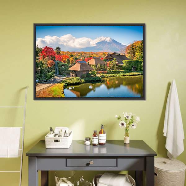 Thatch Roof Farmhouses With Mt Fuji Canvas Wall Art-1 Piece-Floating Frame-24" x 16"-Tiaracle