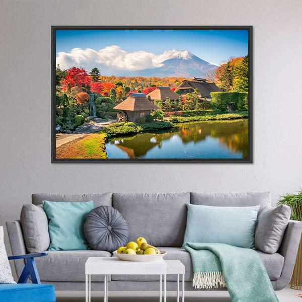 Thatch Roof Farmhouses With Mt Fuji Canvas Wall Art-3 Horizontal-Gallery Wrap-25" x 16"-Tiaracle