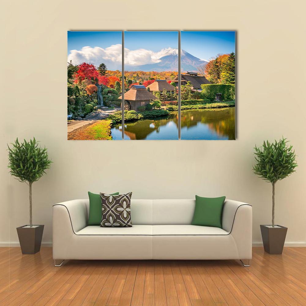 Thatch Roof Farmhouses With Mt Fuji Canvas Wall Art-3 Horizontal-Gallery Wrap-37" x 24"-Tiaracle