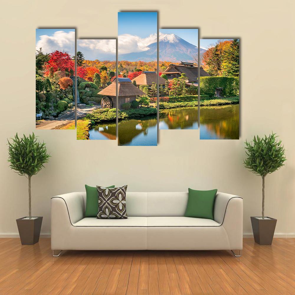 Thatch Roof Farmhouses With Mt Fuji Canvas Wall Art-5 Pop-Gallery Wrap-47" x 32"-Tiaracle