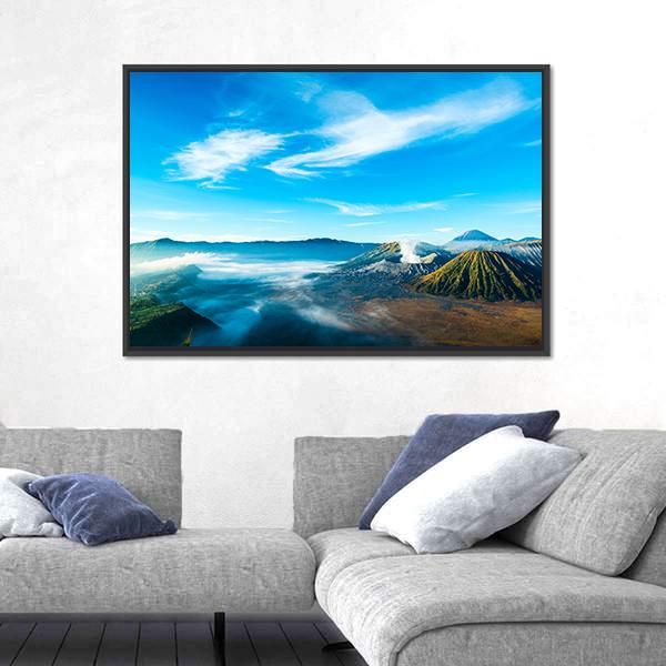 The Active Volcano Of Mount Bromo With Fog Canvas Wall Art-1 Piece-Floating Frame-24" x 16"-Tiaracle