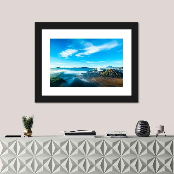 The Active Volcano Of Mount Bromo With Fog Canvas Wall Art-1 Piece-Framed Print-20" x 16"-Tiaracle