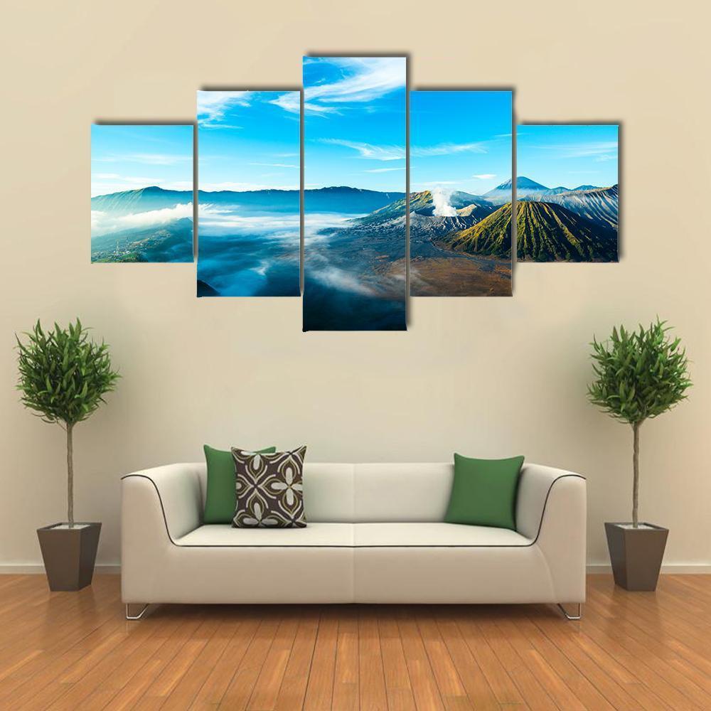 The Active Volcano Of Mount Bromo With Fog Canvas Wall Art-5 Star-Gallery Wrap-62" x 32"-Tiaracle