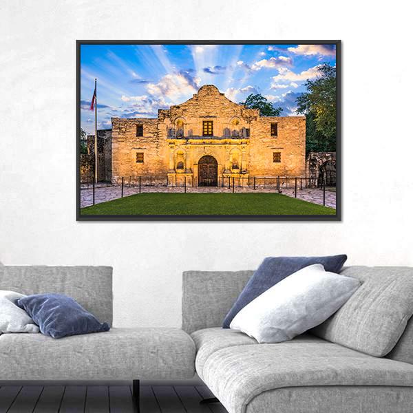 The Alamo in San Antonio Texas Canvas Wall Art in beige, brown and blue, framed canvas, product view on a white background