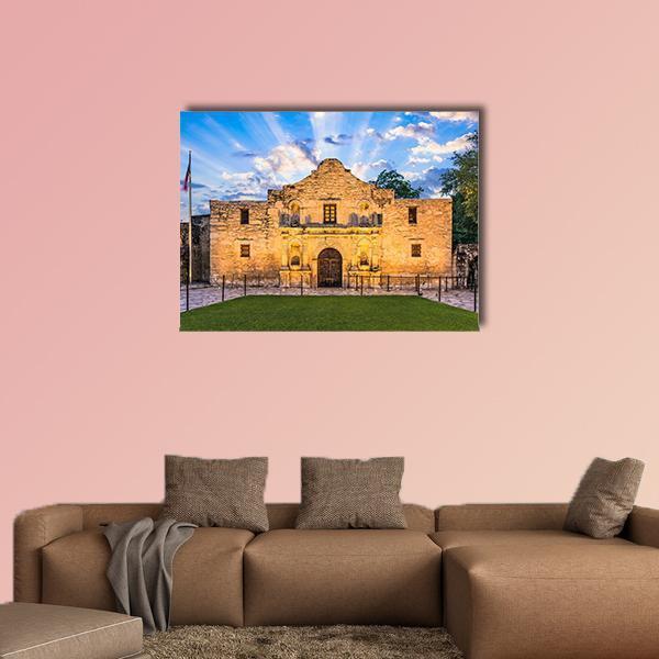 The Alamo in San Antonio Texas Canvas Wall Art in beige, brown and blue, single panel hung on a wall