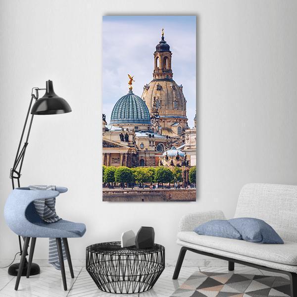 Dresden Cityscape with Frauenkirche Dome Vertical Canvas Wall Art in gray, beige and blue, single vertical panel hung on a wall