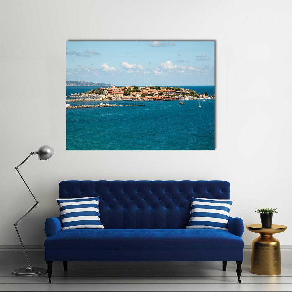 Ancient Nessebar Island Town Canvas Wall Art in brown and blue, single panel hung on a wall