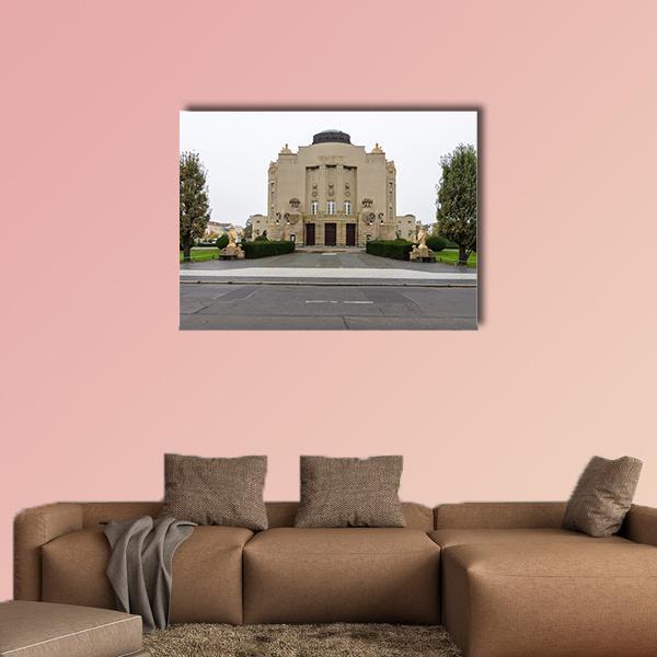 State Theater in Cottbus Canvas Wall Art in white, gray and beige, single panel hung on a wall