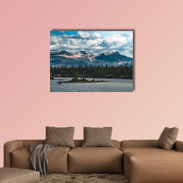 Athabasca River Canada Landscape Canvas Wall Art in white, gray and blue, single panel hung on a wall