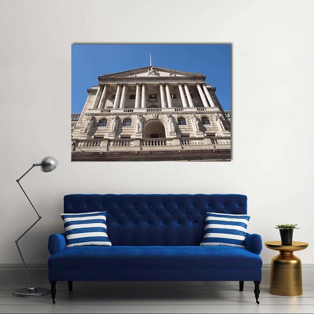 Bank of England Facade Canvas Wall Art in gray, beige and blue, single panel hung on a wall