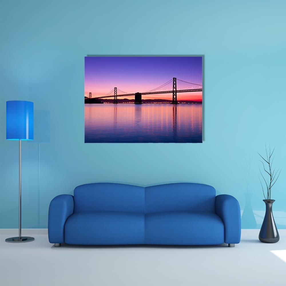 San Francisco Bay Bridge at Twilight Canvas Wall Art in blue, purple and pink, single panel hung on a wall