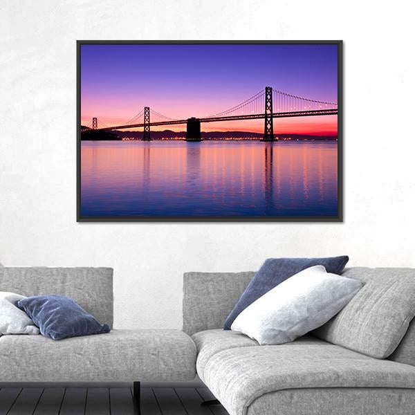 San Francisco Bay Bridge at Twilight Canvas Wall Art in blue, purple and pink, framed canvas, product view on a white background