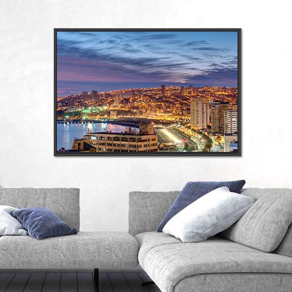 The Bay Of Valparaiso In Chile At Dusk Canvas Wall Art-1 Piece-Floating Frame-24" x 16"-Tiaracle