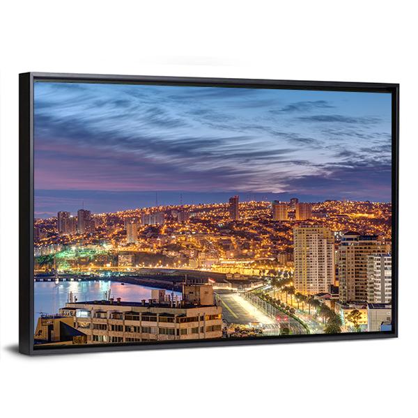 The Bay Of Valparaiso In Chile At Dusk Canvas Wall Art-3 Horizontal-Gallery Wrap-25" x 16"-Tiaracle